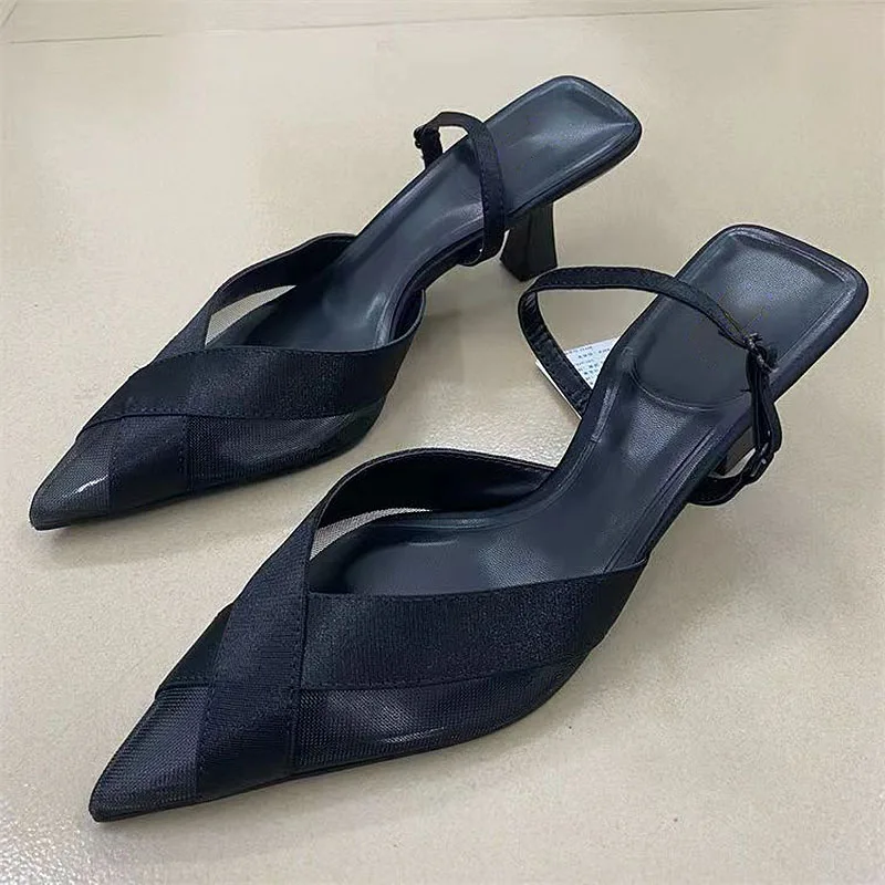 TRAF Women Cross Upper Pumps Slingbacks Point Head Spike Kitten Heels Sandals For Woman Black Fashion Heels Slipper Shoes Trend