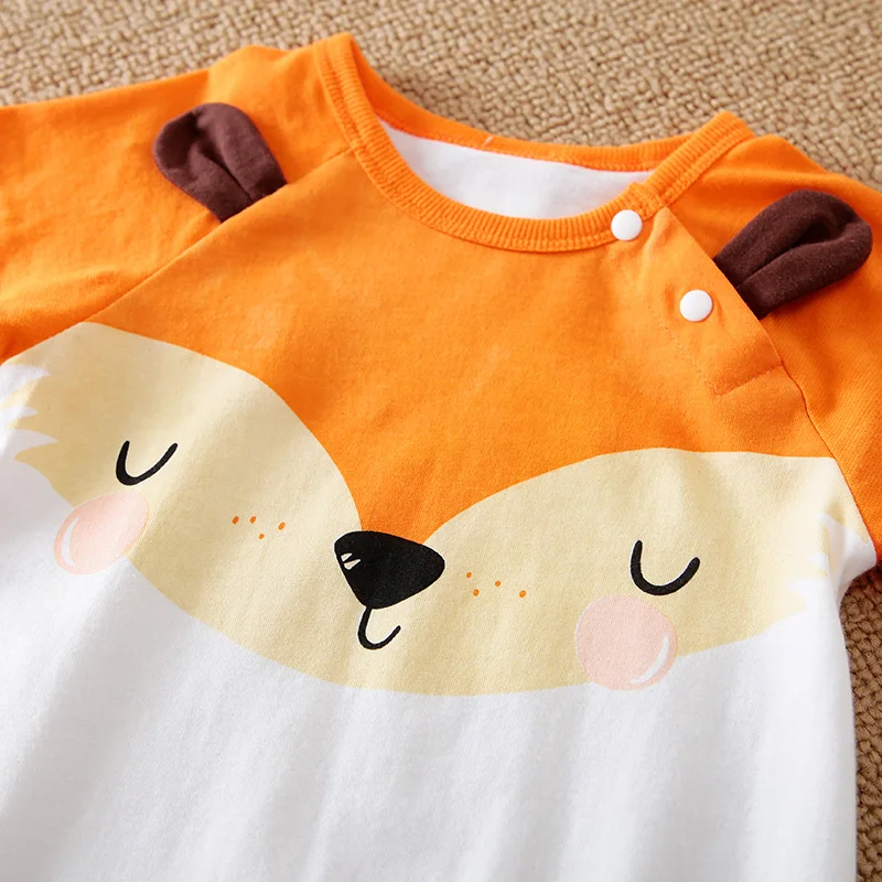 Baby Spring and Autumn Style Boys and Girls Short Sleeve Cute Little Fox Casual All Cotton Round Neck Bodysuit