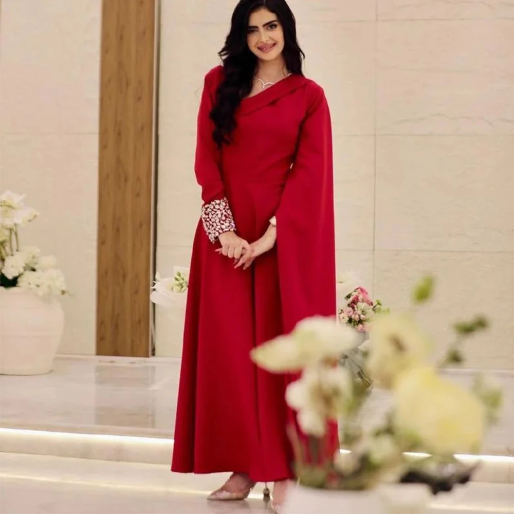 

Flechazo Red Evening Dress V-Neck Long Sleeves Beading Customized Women Ankle Length Saudi Arabia Party شارون سعيد فساتين سهره