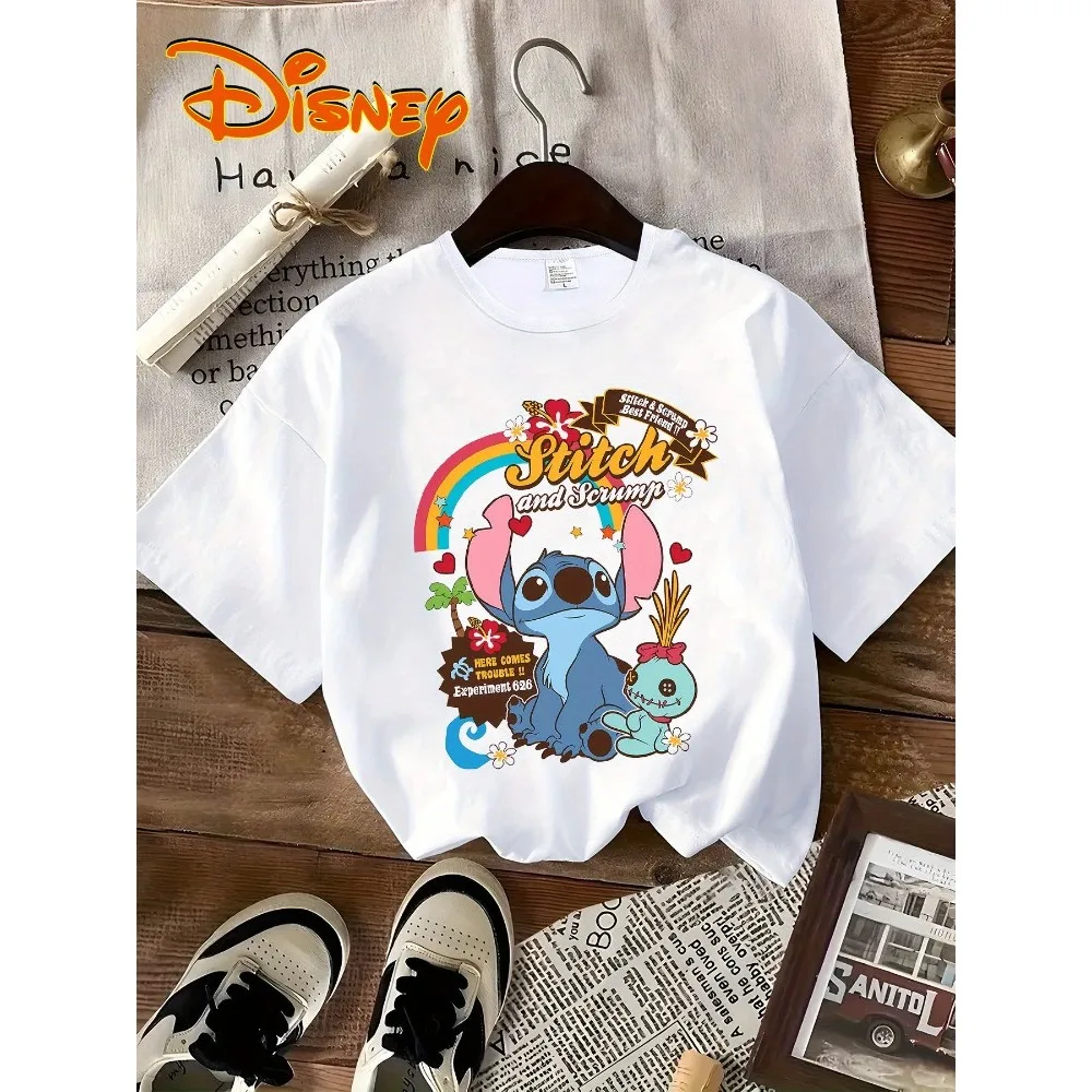 تي شيرت نسائي من Disney Stitch and Lilo مطبوع عليه Y2K برقبة دائرية لباس غير رسمي مع نجوم ممتعة على شكل قلب وقميص بنمط استوائي