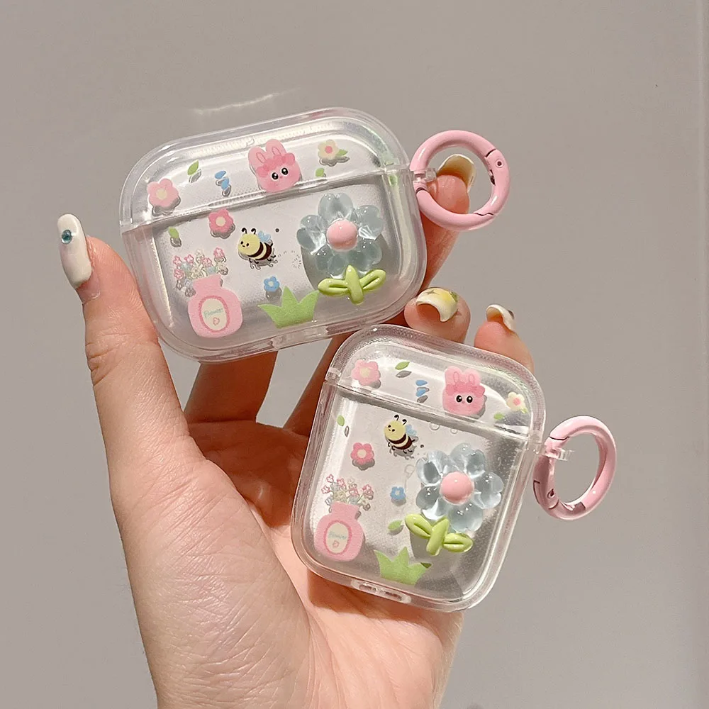 Simpatica custodia per auricolari 3D Fresh Flower Bee per AirPods Pro 1 2 custodia TPU trasparente per Airpods 3 custodia per cuffie Bluetooth con portachiavi