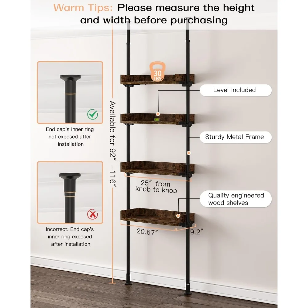 Bathroom Organizer, Over The Toilet Storage, 4-Tier Adjustable Wood Shelves for Small Rooms, Saver Space Rack, 92 to 116 Inch