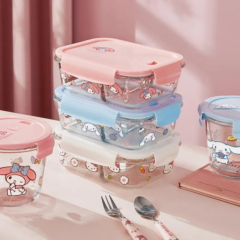 Kawaii Sanrio My Melody Glass Lunch Box Girls Anime Cinnamoroll Hello Kitty Sweet Divider Bento Bowl Tableware Health Kids Gifts