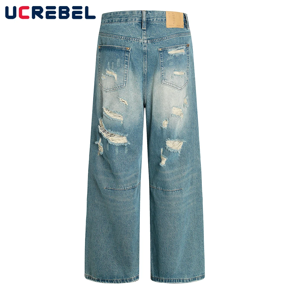 

Ripped Washed Distressed Jeans Mens Pleated Hip Hop High Street Loose Straight Wide Leg Denim Pants Men