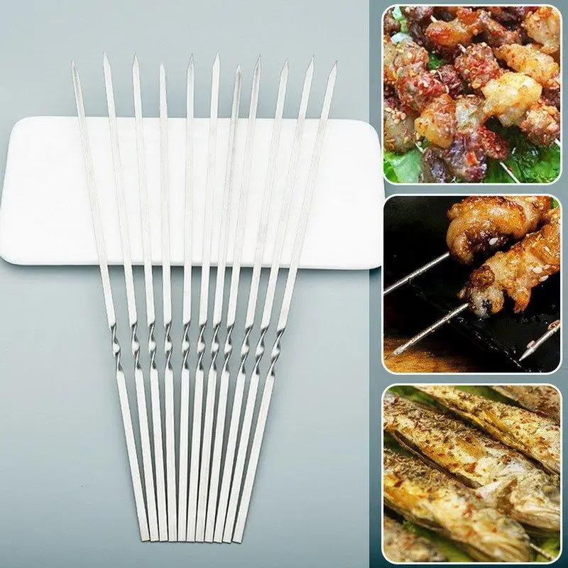 Skewers for Grilling Storage Tube Stainless Steel Barbecue Skewer BBQ Needle Sticks Metal Flat Forks for Kitchen Camping Gadgets