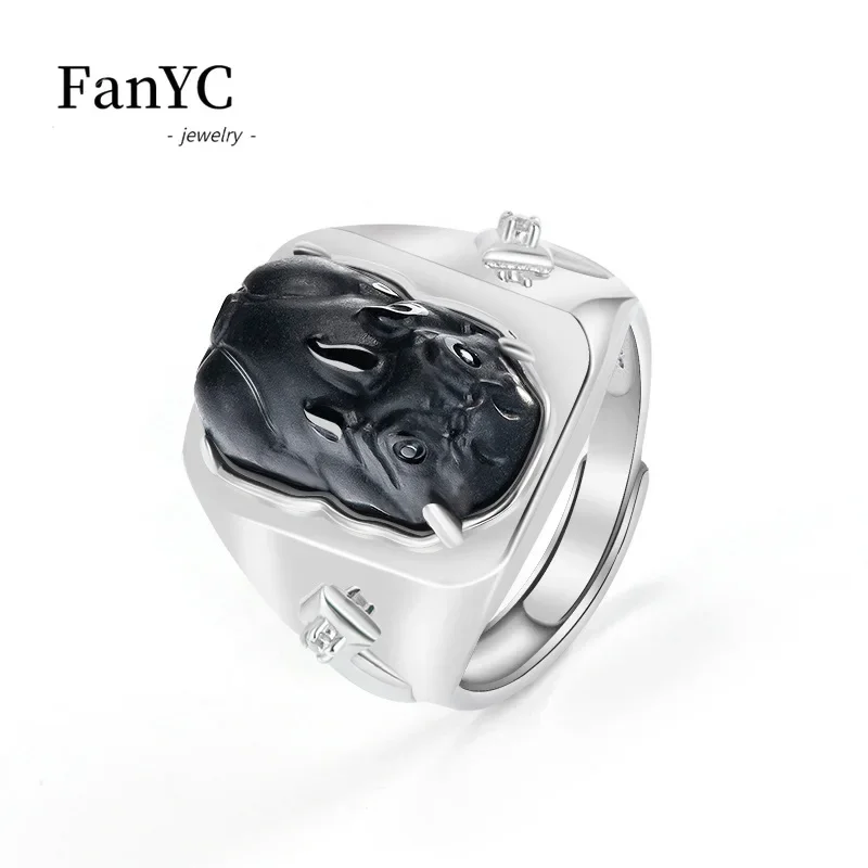 

Natural Jadeite Ink Jade Brave Ring S925 Silver Inlaid Retro Exquisite Ice Jade Adjustable Finger Ring Men & Women Holiday Gift