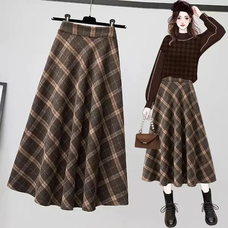 Autumn Winter Faux Woolen Skirt Women Vintage Thicken High Waist Long Skirt Woman 2025 Warm A Line Pleated Plaid Skirt Female