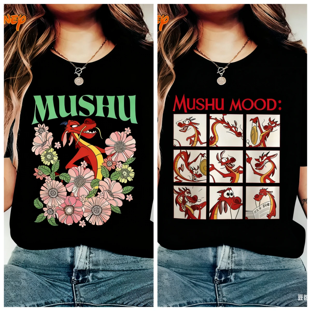 

Disney Trendy Casual Mulan Xiaolong Pink Flower Printed T-shirt Vintage Men's and Women's Cotton Short Sleeve Loose Casual