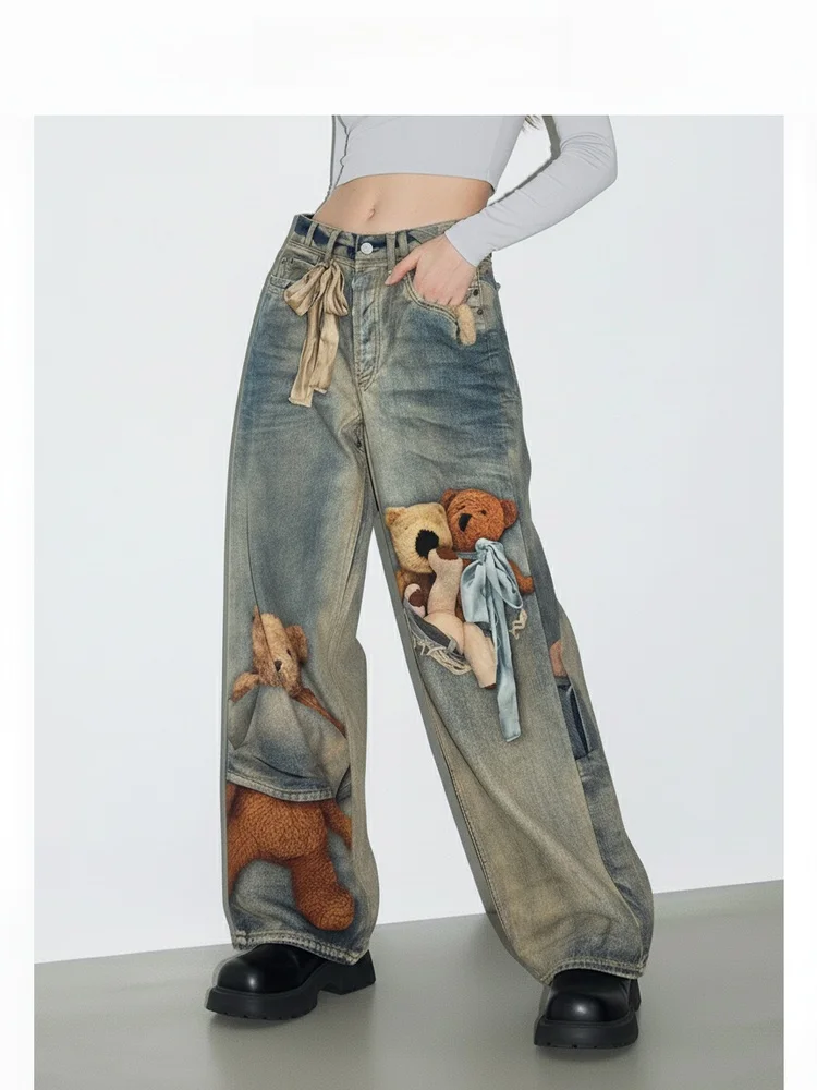

Nordic Bear 3D Print Denim Pants Women's Vintage Design Wide Leg Fun Long Trousers Casual Style Cotton Straight Leg Jeans
