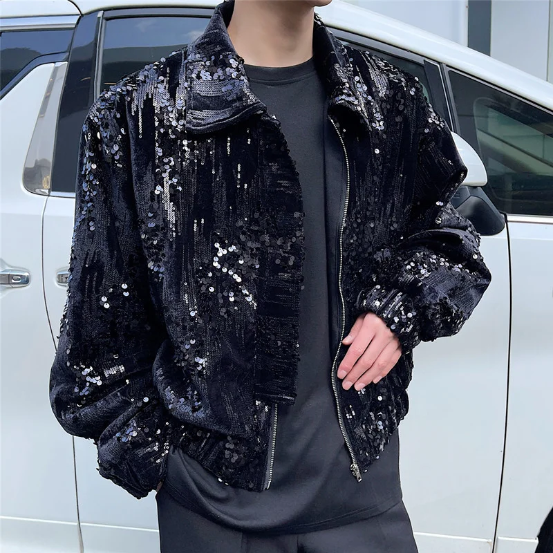 Autumn Sequin Decorative Jacket for Men Short Casual Social Streetwear Lapel Bomber Jacket Men Loose Stage Performance Costumes