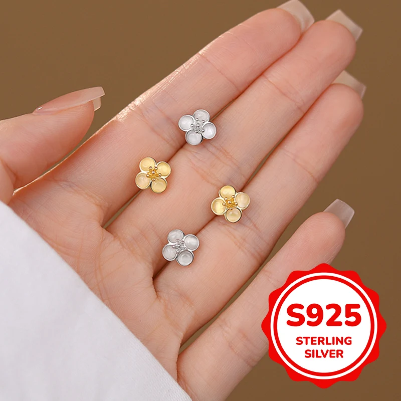 

S925 sterling silver cat eye stone round four-leaf clover flower stud earrings for women simple classic fashion light luxury