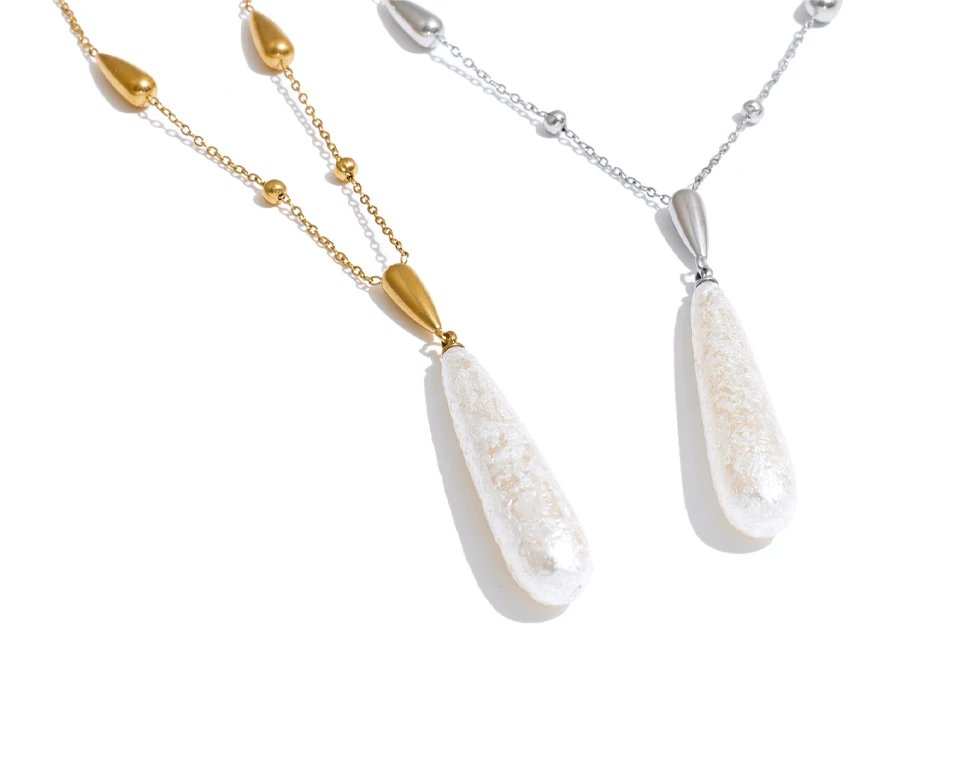Yhpup Edelstahl-Tropfenanhänger mit Imitationsperlen, Halskette, Neuheiten, Modisch, Schick, Abendglamour-Schmuck – Detail 2