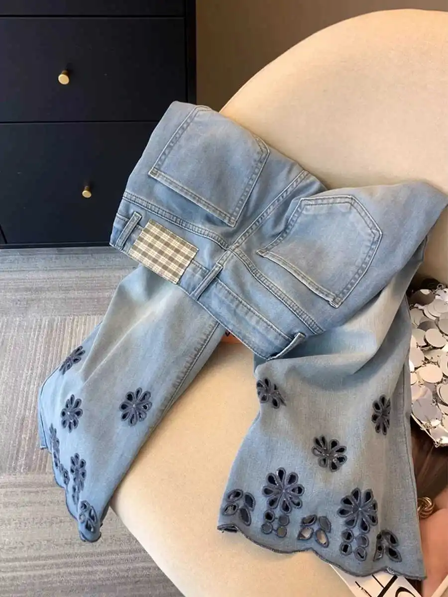 

Chic Hollow Floral Jeans Women's Summer Thin High Waist Straight Wide Leg Pants Oversized Loose Retro Blue Knee-length Pants