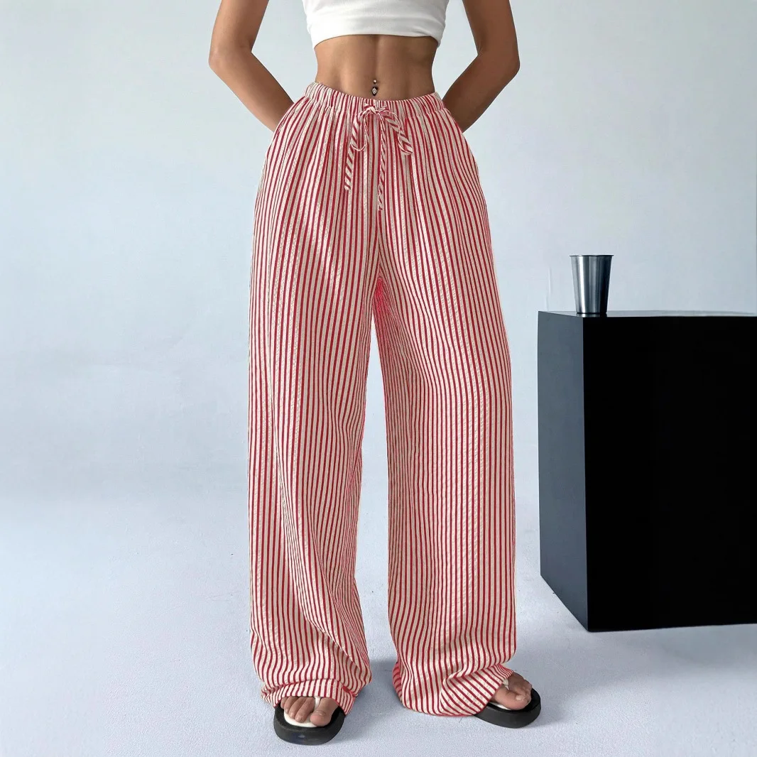 American Style Retro Vertical Stripe Drawstring Wide Leg Pants High Waist Dipping Loose Straight Casual Pants - Image 4