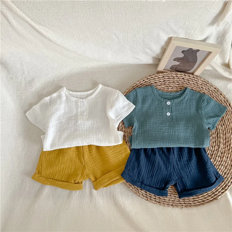 

2023 New Summer Thin Baby Cotton Linen Clothes Set Infant Boys Girls Short Sleeve T Shirt + Shorts Outfits Children 2pcs Suit