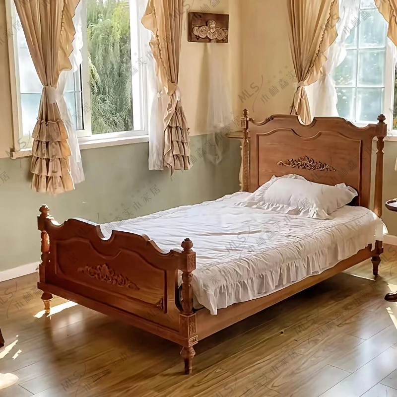 French pastoral carved children's bed, retro wabi-sabi single bed, oak simple B&B, anti-used mortise and tenon structure bed