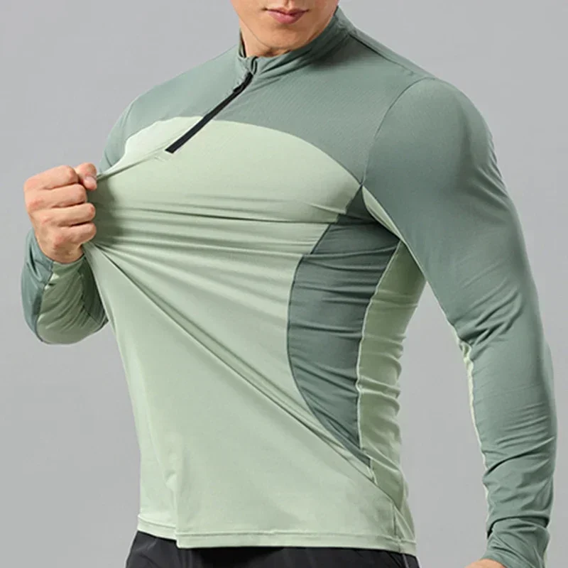 Running T-Shirts For Men Stand Collar Half Zipper Gym Training Exercise Fitness Pullover Tops Quick-dry Sports Long Sleeve Shirt