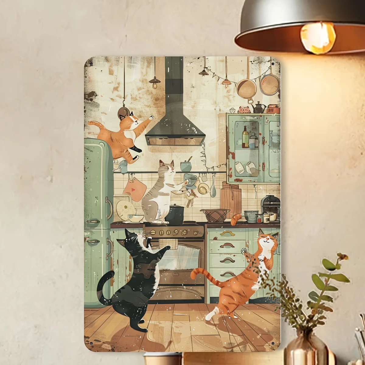 A vintage cat play metal card, made of iron, measuring 8x12 inches, suitable for home, kitchen and dining room