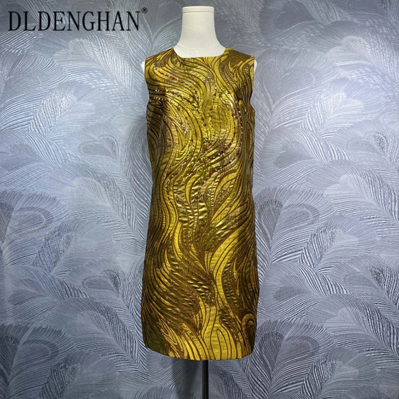 

DLDENGHAN Beading Jacquard Mini Dress For Women O-Neck Sleeveless Vintage Vest Dresses Fashion Designer Spring New