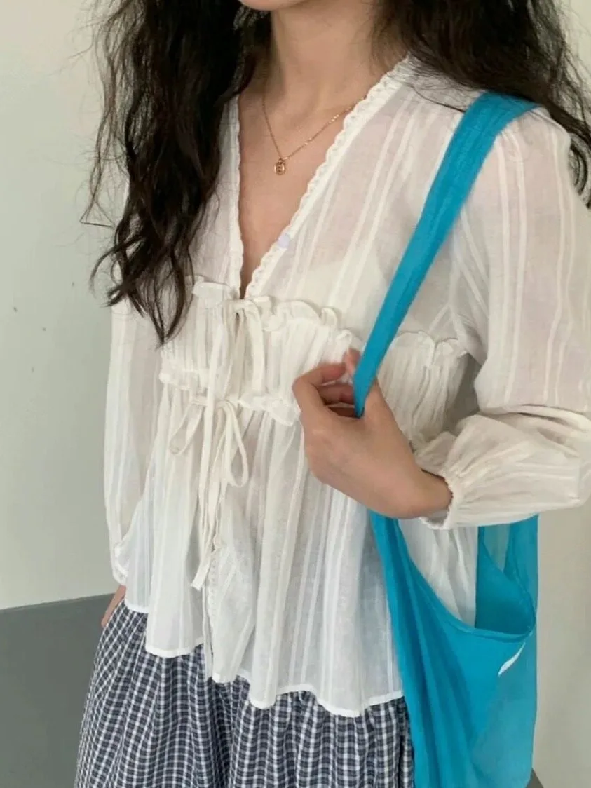 V-Neck Tied Ruffle Long Sleeve Shirt Korean Style Women's Fashion Spring Autumn Winter Casual Wear School Street Style
