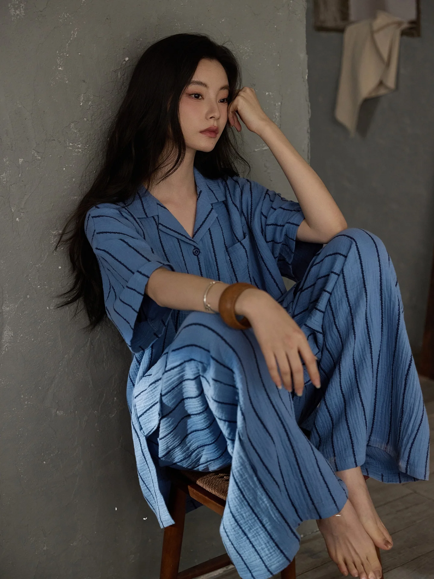 qiaoweni-conjunto-de-pijama-de-verano-para-mujer-manga-corta-y-pantalon-largo-algodon-puro-gasa-con-almohadilla-de-algodon-para-el-pecho-integrada-rayas