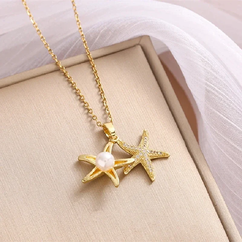 

1 Pcs Luxury Cool Wind Starfish Series Gold Plated Copper Pendant With Stainless Steel Chain Combination Necklace