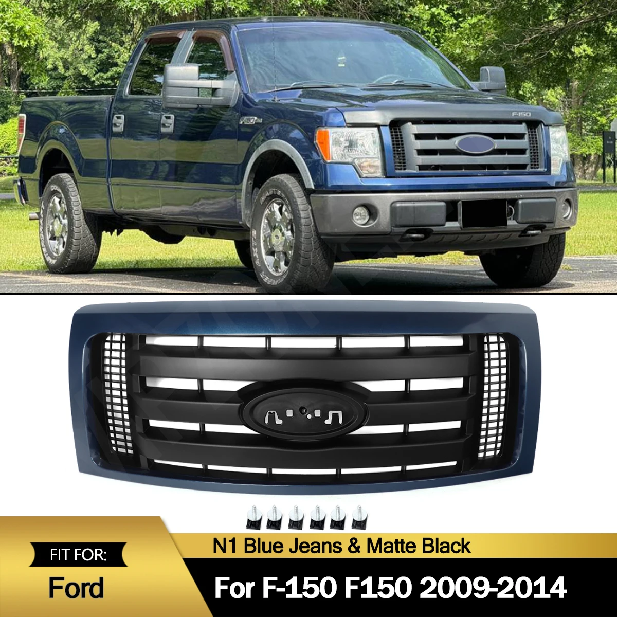 Modified Grills Replace For 2019-2014 Ford XLT Lariat F150 F-150 Front Grilles Upper Bumper Racing Grille Assembly Blue Jeans-N1