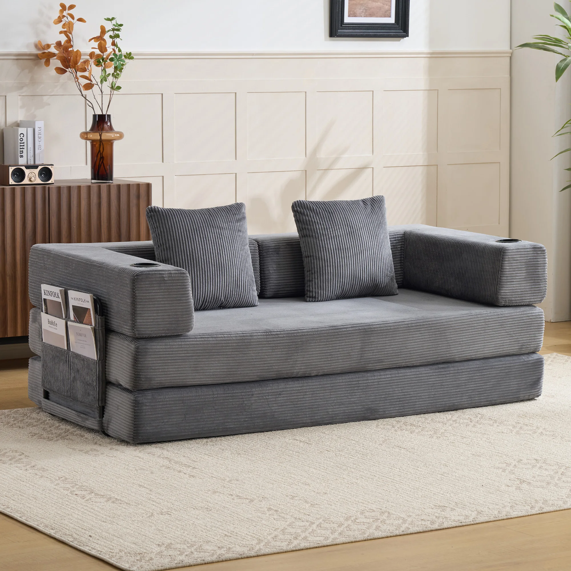 Donkergrijze corduroy opvouwbare slaapbank, omvormbare relaxfauteuil met bekerhouders en zijvakken, geen montage nodig, compacte modulaire bank voor woonkamer, appartement, gasten of om te slapen.