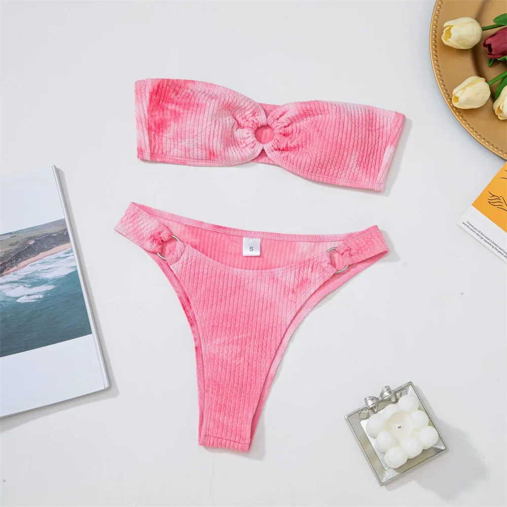 Pink Tie Dye Bikini we wzory Bandeau strój kąpielowy stringi obrączki seksowne damskie zakrętka tubki stroje kąpielowe dwuczęściowe stroje kąpielowe