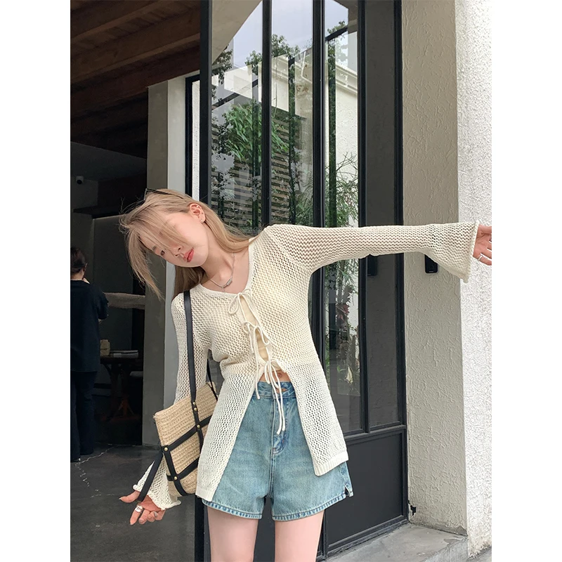 Women Crochet Knitted Cardigan Long Sleeve Tie Front Longline Sweater Sheer Cover-Up Spring Summer Boho Beach Vacation Outfit