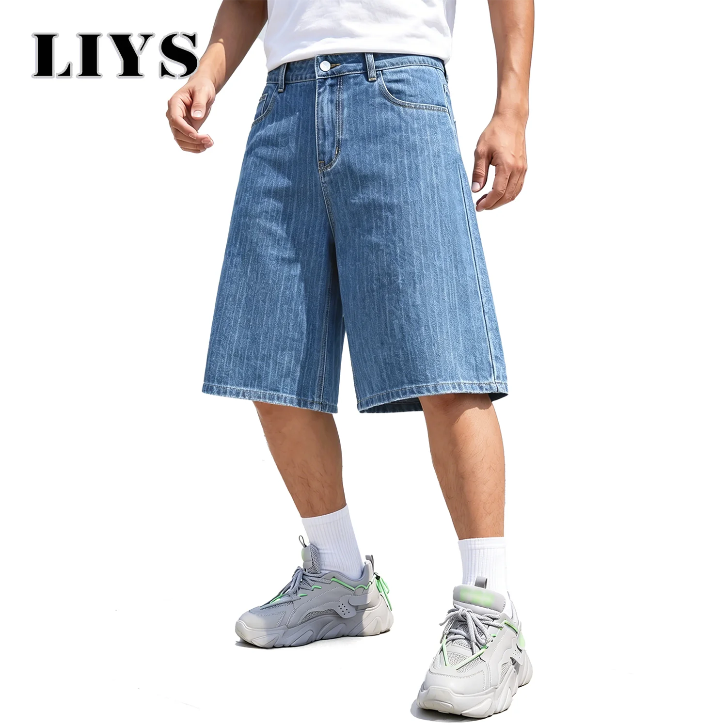 LIYS Men's Jacquard Striped Wide Leg Jeans Shorts Casual Baggy Summer Loose Fit Short Suitable for Work and Casual Wear Jorts