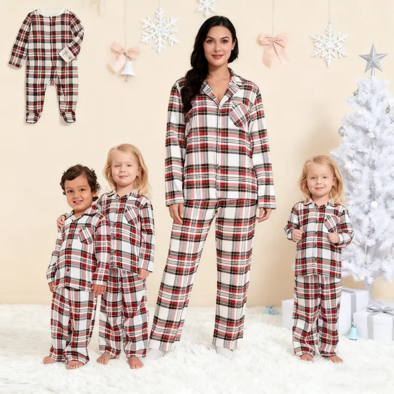 

Christmas Matching Pajamas Set Plaid Print Adults Kids Matching Outfit Turn-down Collar Button Shirt+Trousers Pyjama Family Look