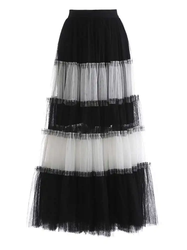 

High Elastic Waist Black White Mesh Color-block A-line Half-body Skirt Women Fashion Tide New Spring Autumn