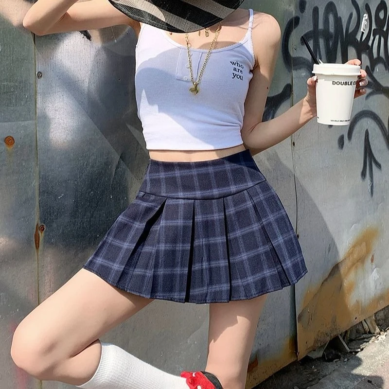 ヴィンテージハイストリートプレッピースタイルローウエストスカートコントラストカラーアメリカンプリーツチェック柄ガール服 Y2k 美的ショートスカート