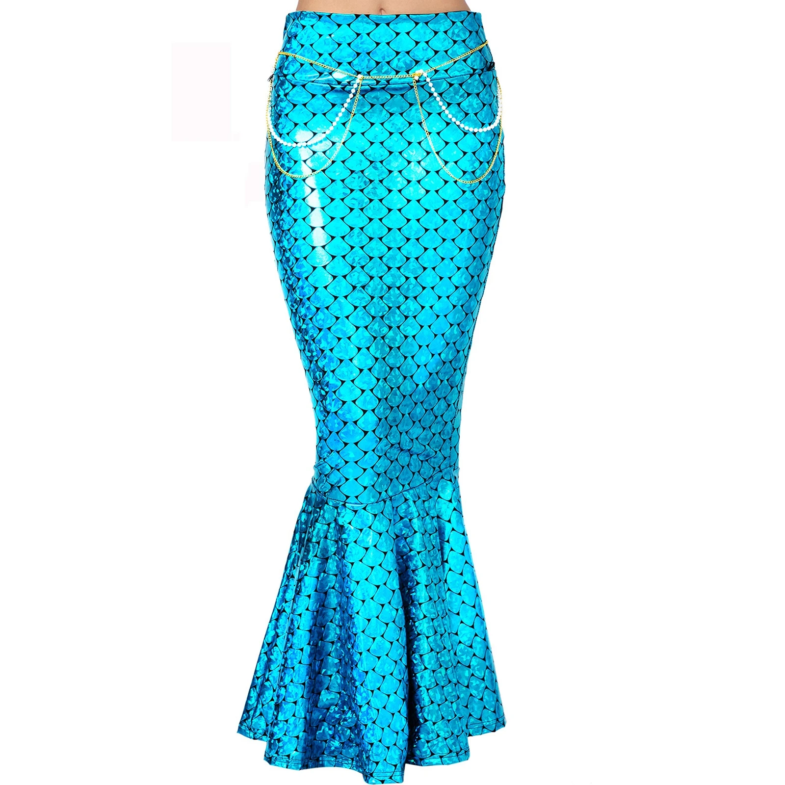 Women Long Mermaid Skirt Metallic Hologram Scale Print Slim Fit Skirt with Pearl Chain for  Cosplay Costume falda de fiesta