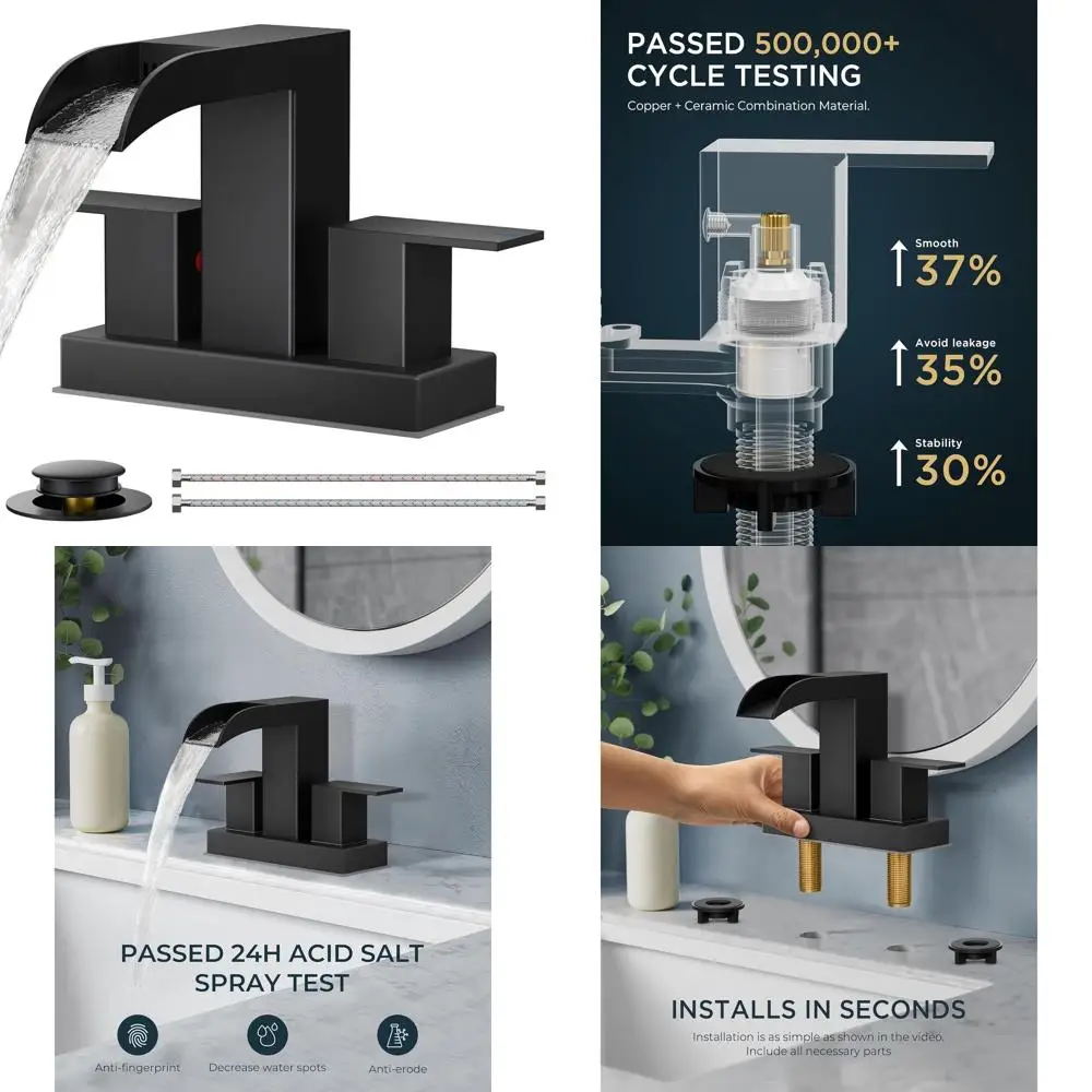 

Dual Handle Centerset Bathroom Faucet with 4 Inch Spacing, Waterfall Design, Pop-up Drain, and Supply Lines for Vanity Sinks