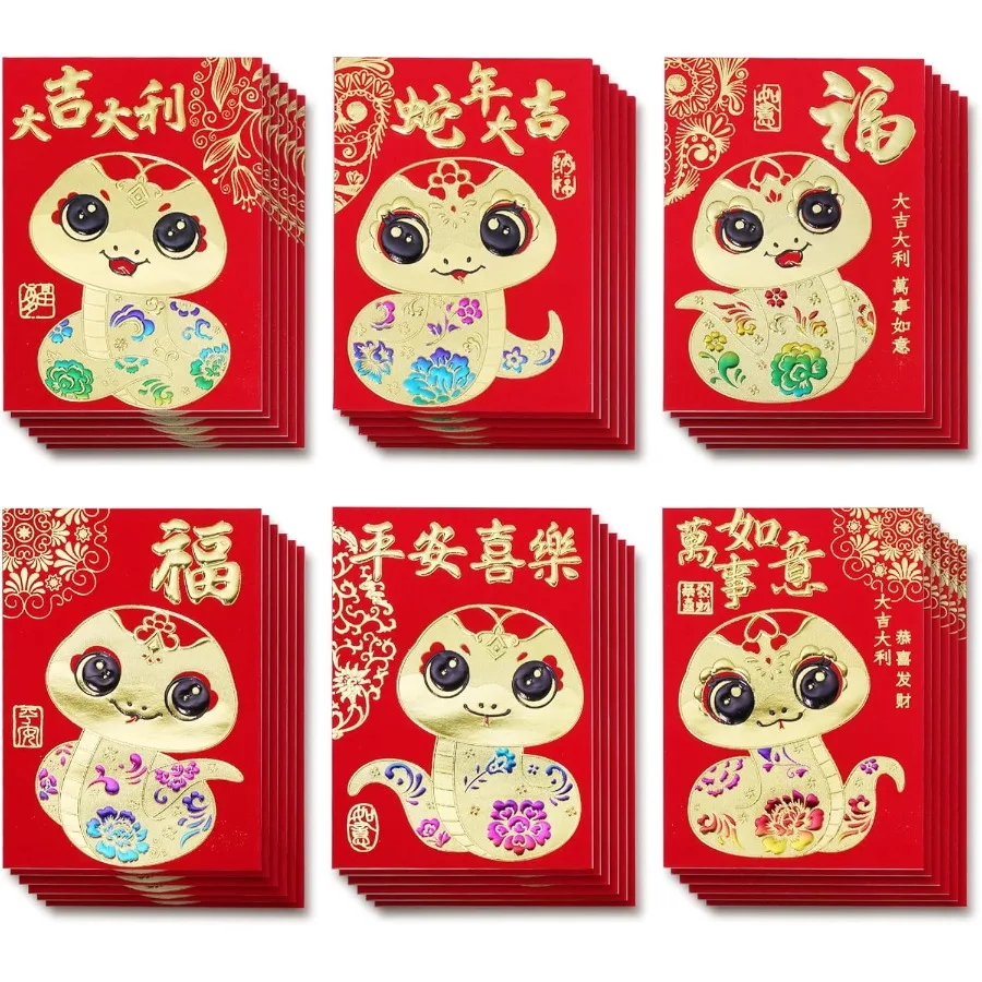 

36 шт. красные конверты Китайский Новый год Ske Красные конверты 2025 3,1 x 4,5 дюйма Hong Bao Lucky Money Pats с 6 узорами