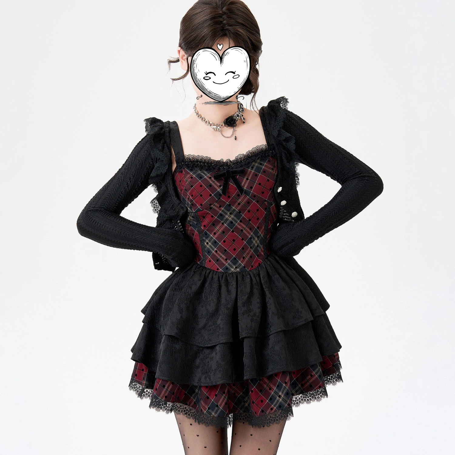 

Coalfell 2025 New Cool and Spicy Style Red Black Grid Puff Strap Dress Long Sleeve Cardigan Two Piece Set