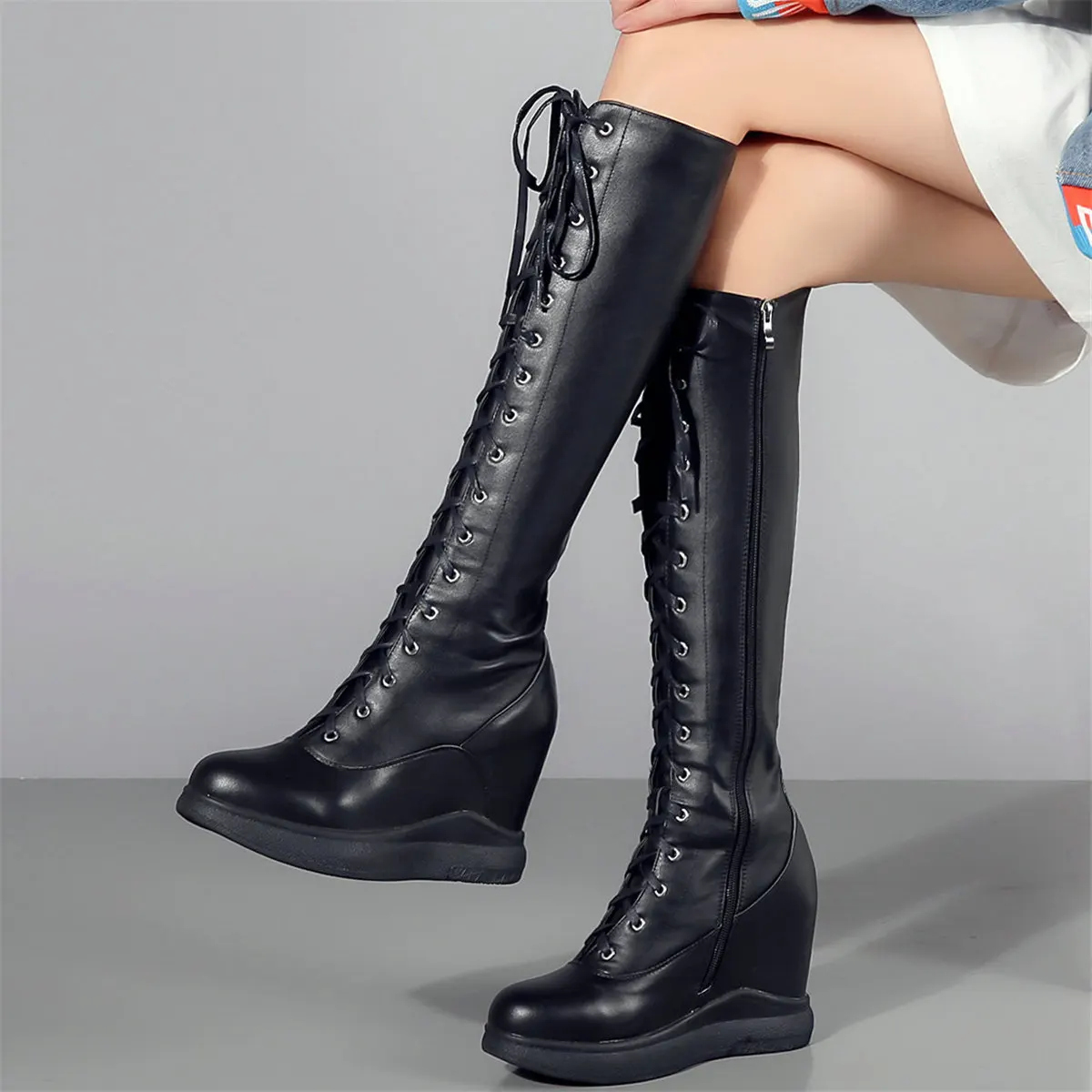 Pumps Plus Size Shoes Women Lace Up Genuine Leather Wedges Knee High Snow Boots Female Round Toe Fashion Sneakers Big Size Shoes