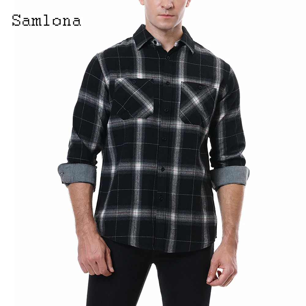 

England Style Pocket Design Shirt 2022 Single-Breasted Tops Men Fashion Plaid Blouse Autumn Casual Shirts Sexy Mens clothing