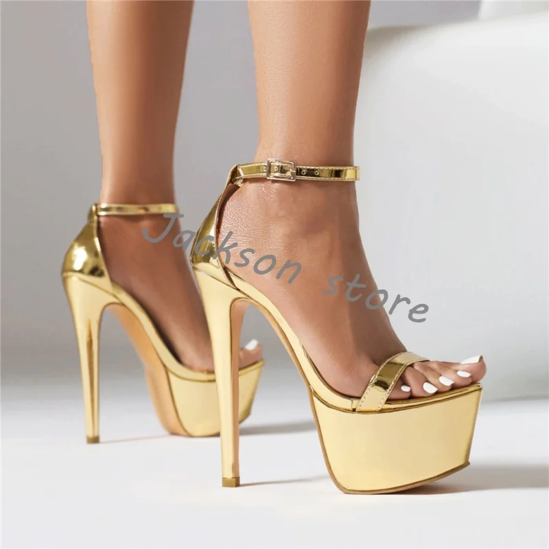 Gold Open Toe Platform Stiletto Modern Sandals Designer Ankle Strap Buckle Thick Sole Super High Heel Party Women Pumps