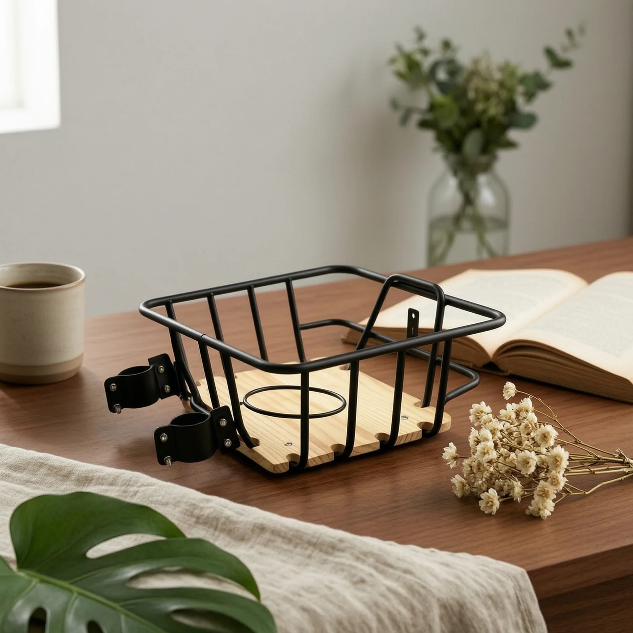 

Metal Bike Basket Cup Holder Wood Base Basket Vehicle Accessory Rust Resistant Anti-Corrosion for Cycling, Commuting
