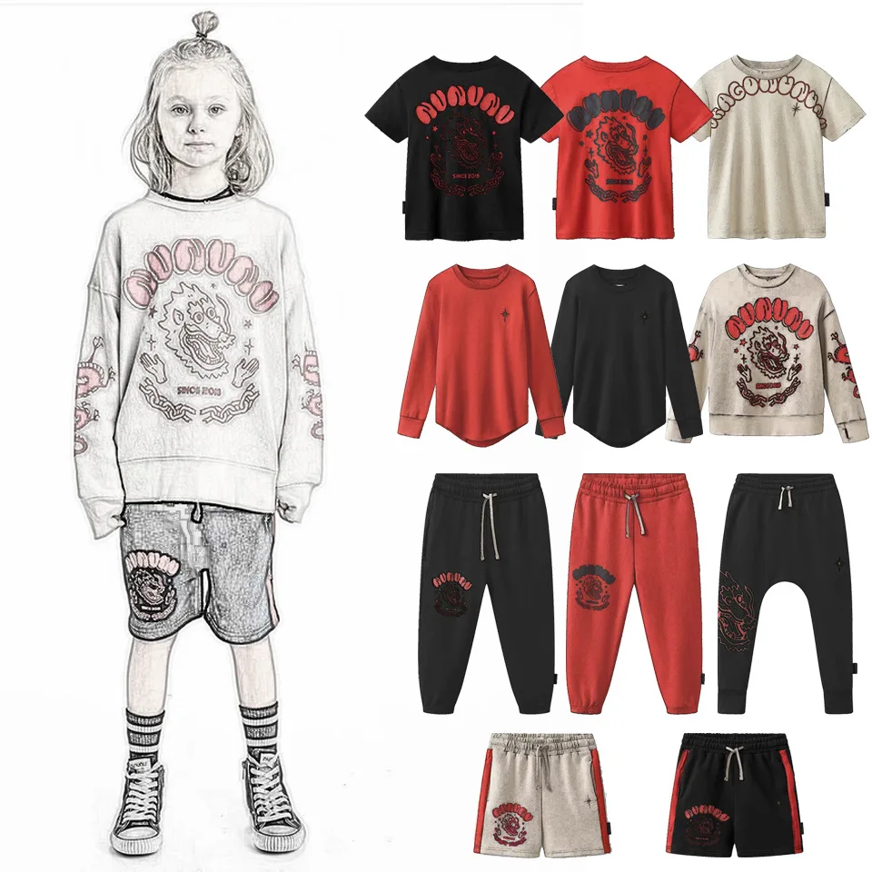 

In stock 2024 children's clothing dragon thin hoodie short sleeved T-shirt color matching shorts casual pants Harlan pants