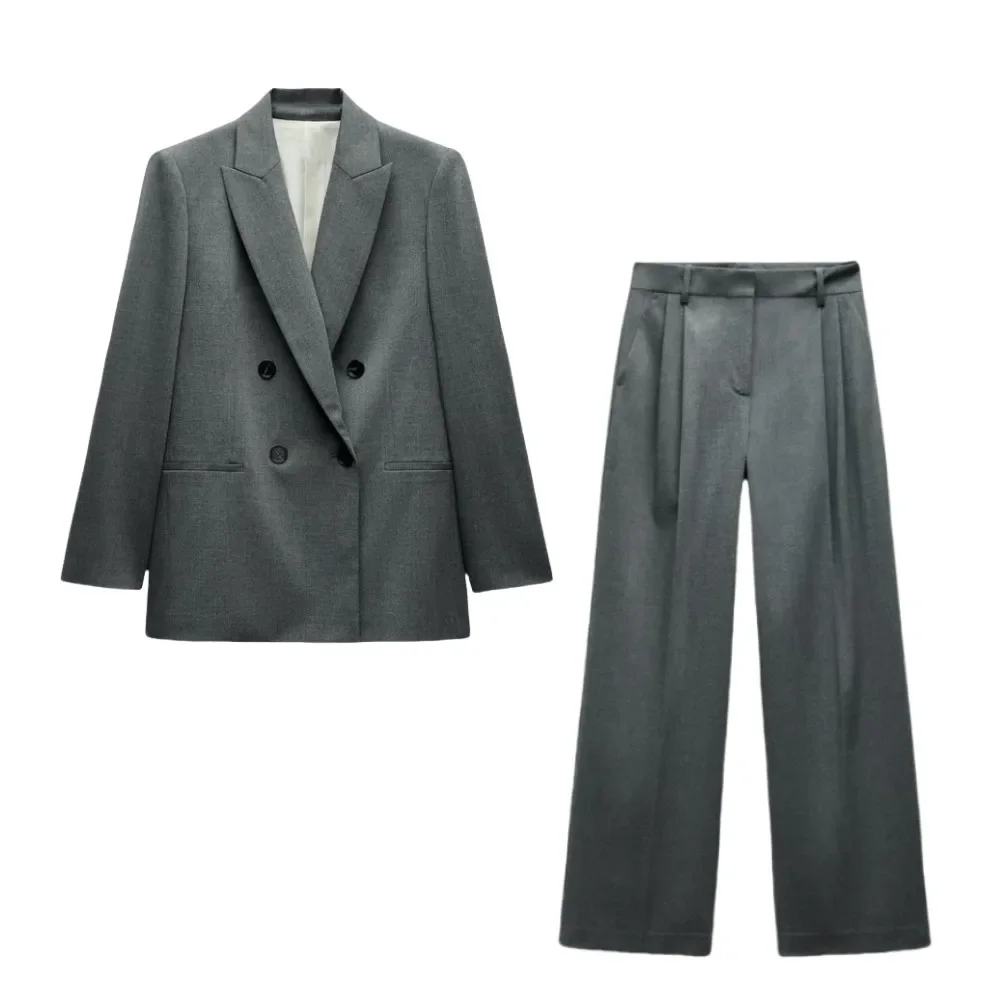 

Pop Women's Spring New Suit Set With Shoulder Padded Double-breasted Blazer & High-waisted Pleated Wide-legged Pants