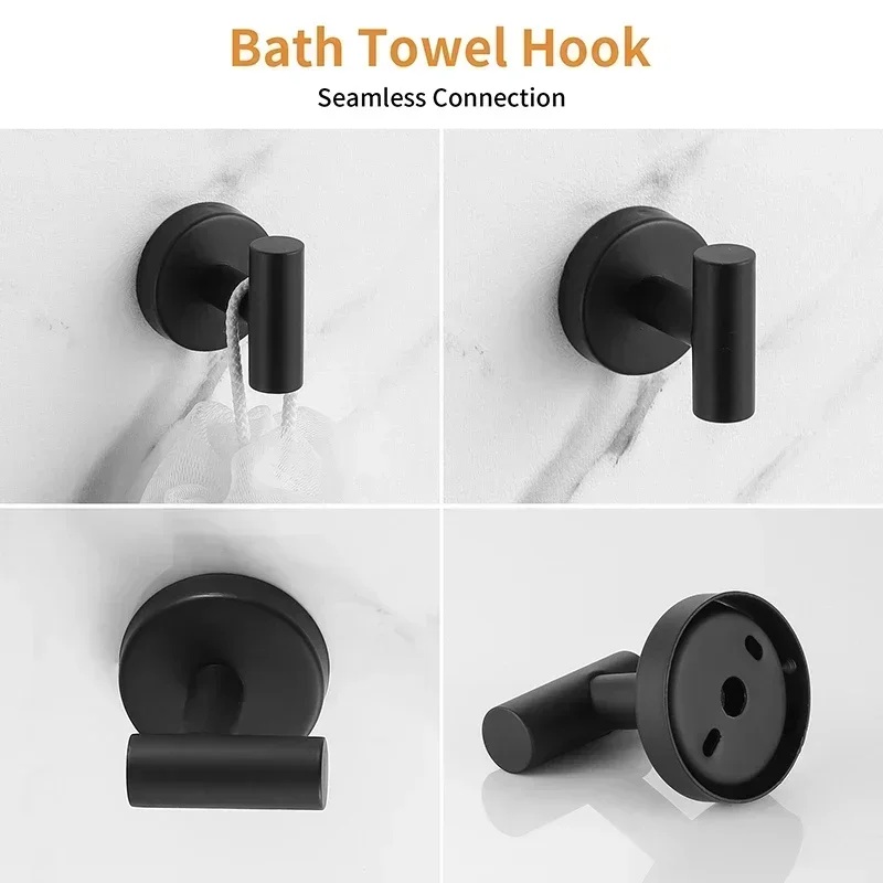 Juego de accesorios de baño de montaje en pared, color negro mate, barra de toalla de acero inoxidable, anillo de toalla, soporte de papel, gancho,