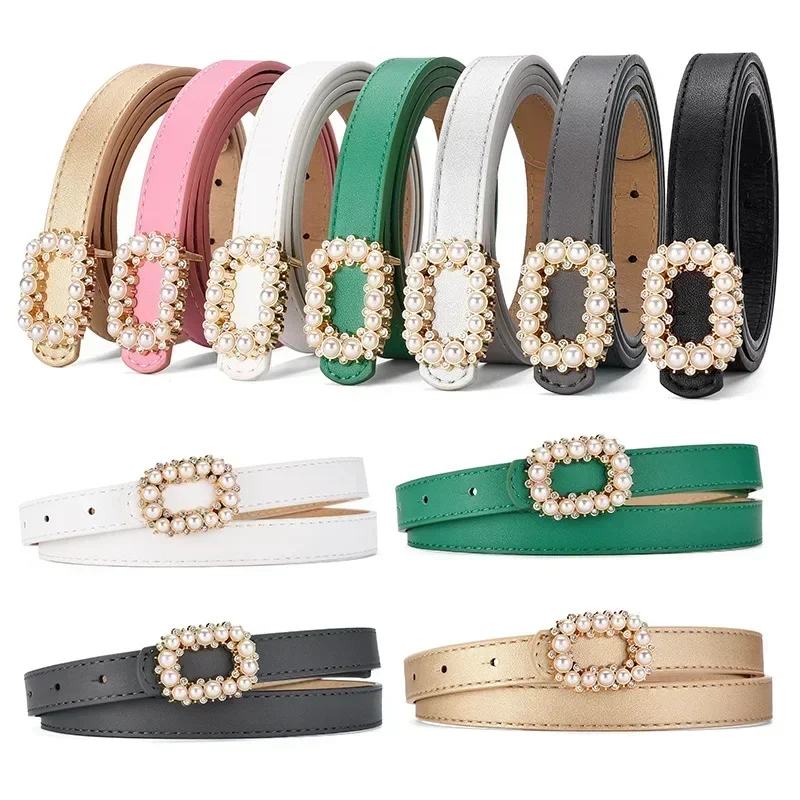 Fashionable Pearl Buckle Belts for Woman 100cm Solid Color PU Versatile Belts Woman's Skirt/Jeans Belts