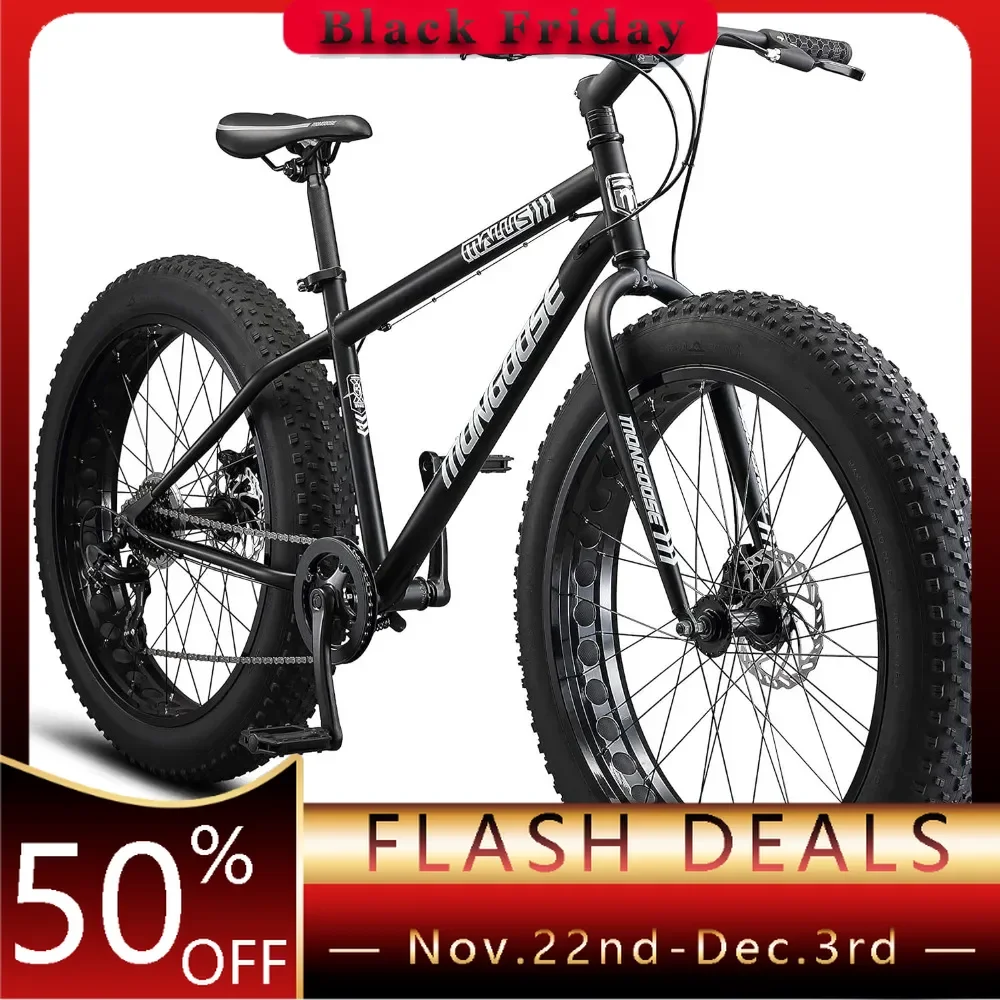 Fat Tire Mountain Bike, 26-Inch Bicycle Wheels, 4Inch Wide Knobby Tires, Steel Frame, 7 Speed Drivetrain Shimano Rear Derailleur