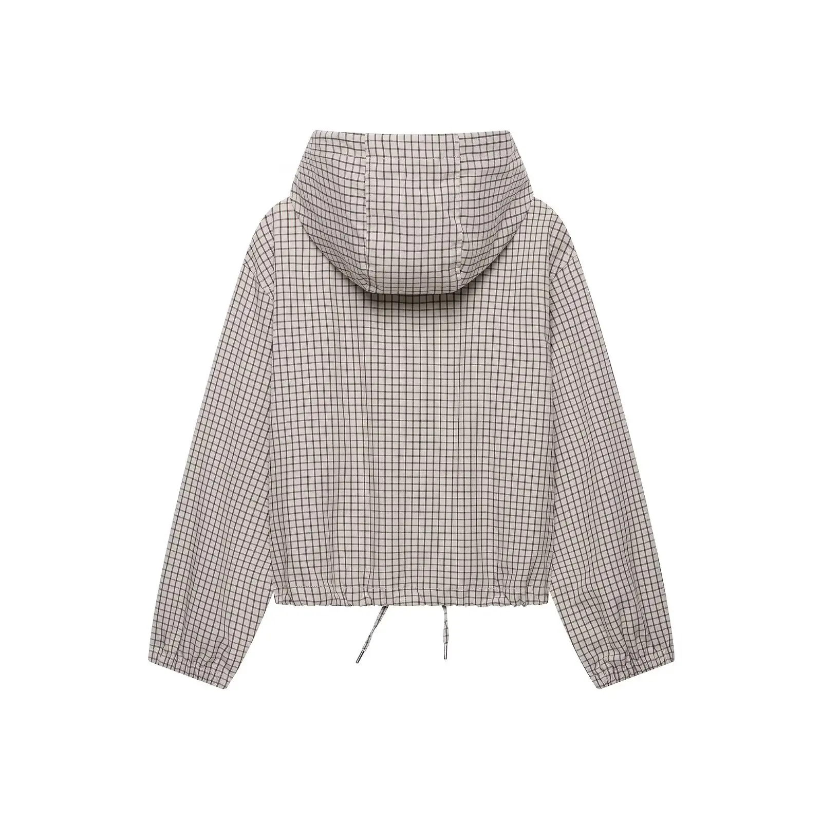 BSAY 2026 Daily Casual Women Grid Plaid Hooded Cropped Jacket Zip Front Drawstring Hem Loose Long Sleeve Streetwear Outer Coat