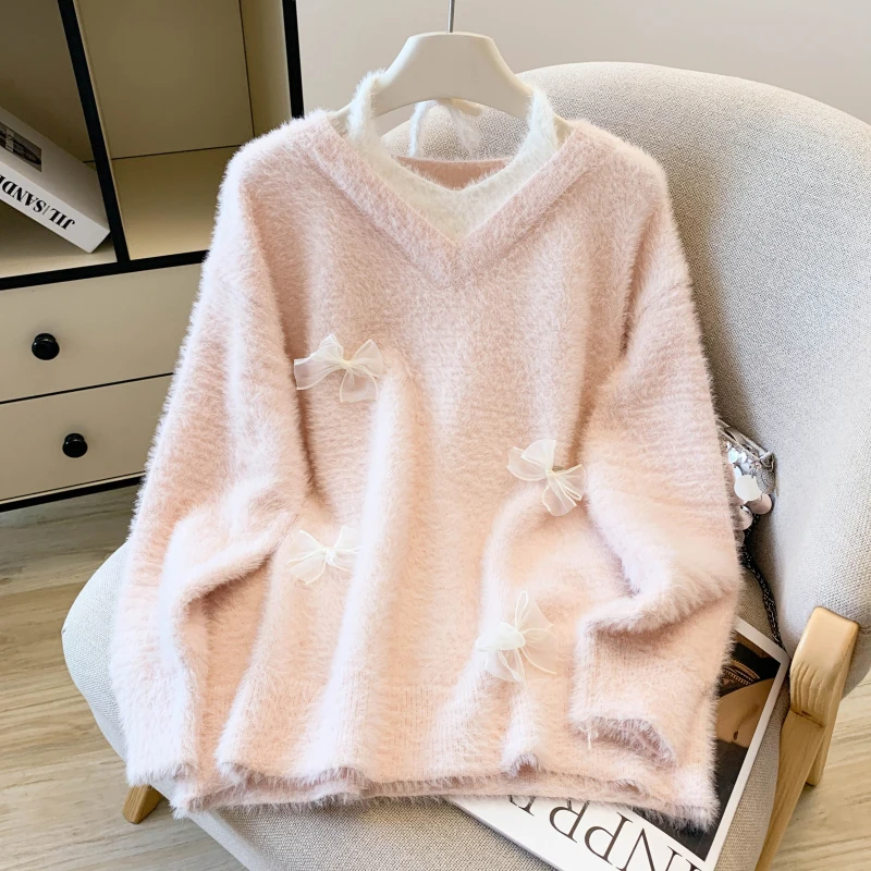 MEXZT Sweet Bow Sweater Women Kawaii Cute Pink Mink Cashmere Knitted Pullovers Korean V Neck Halter Knitwears Winter Jumpers New