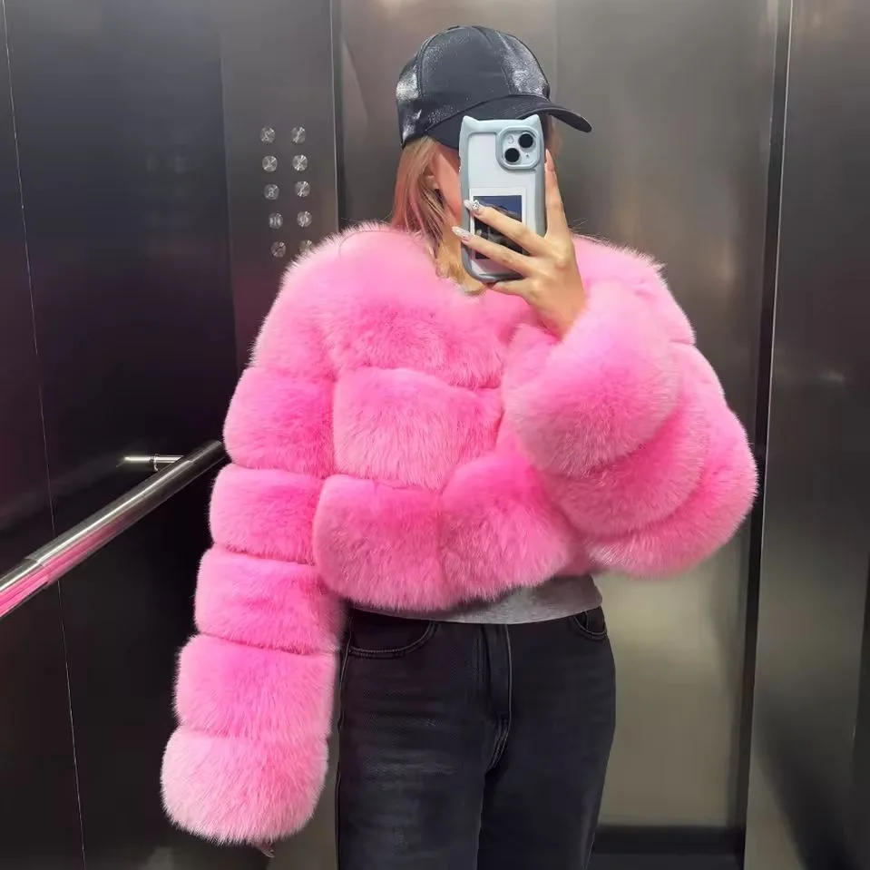 Women Faux Fox Fur Coat Solid Short Jacket V Neck Solid Long Sleeve Thick Warm Fur Office Lady Elegant Casual 2026 Autumn Winter